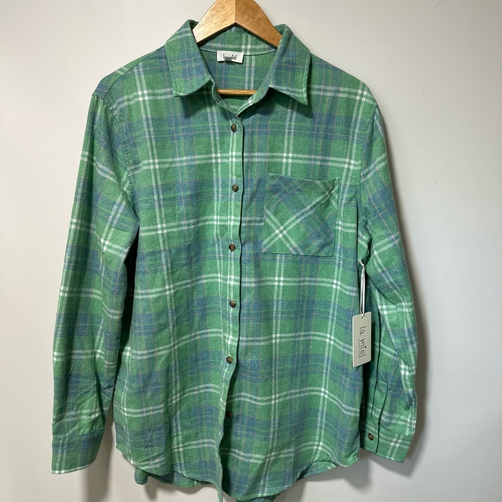 Cozy, green plaid button up shirt.